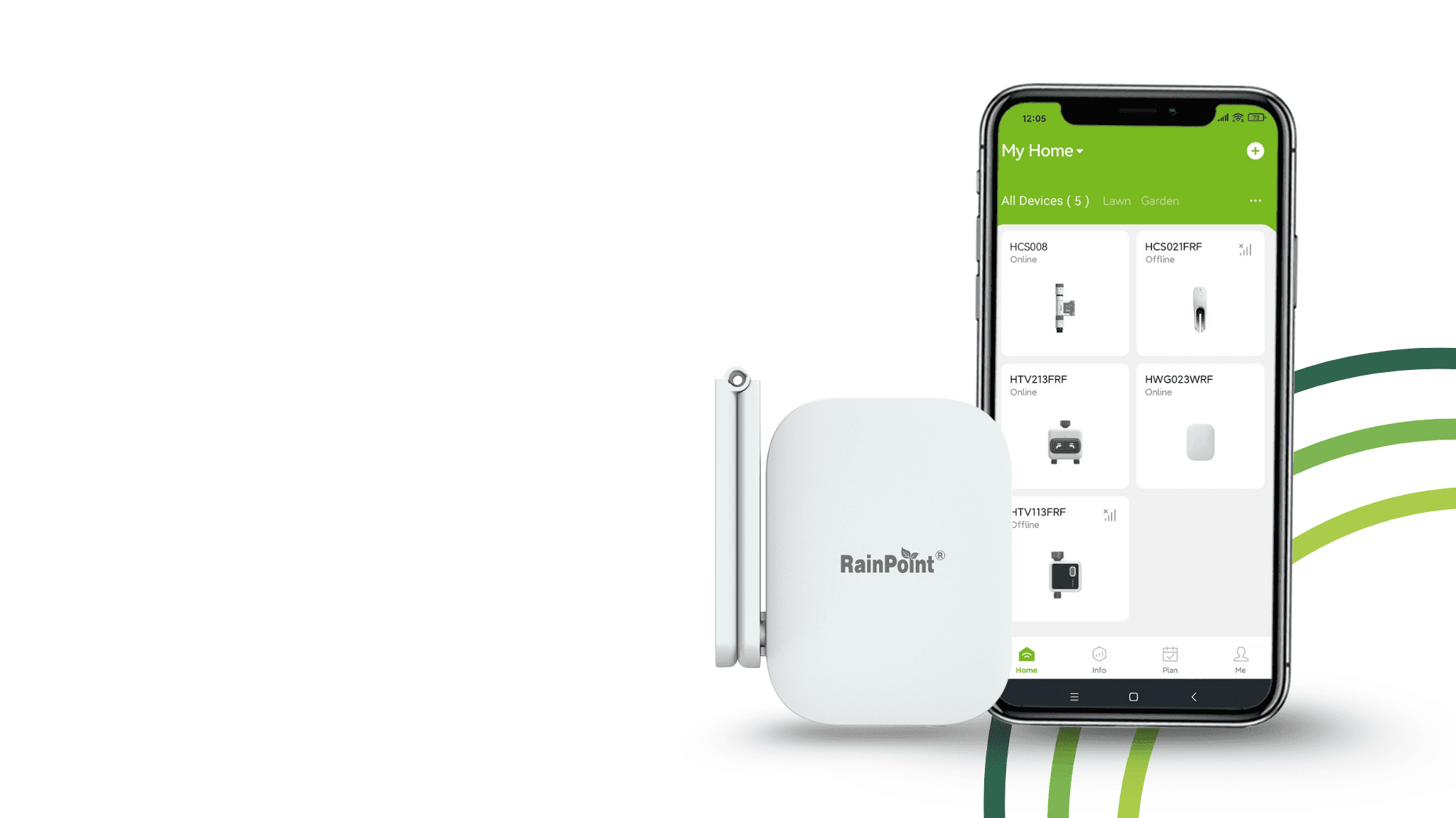 RainPoint Smart Wi-Fi Hub paired with the RainPoint app showing live device status