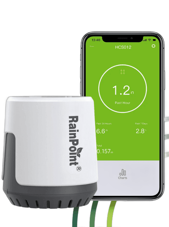 RainPoint smart rain gauge paired with the app showing 1.2 inches past hour
