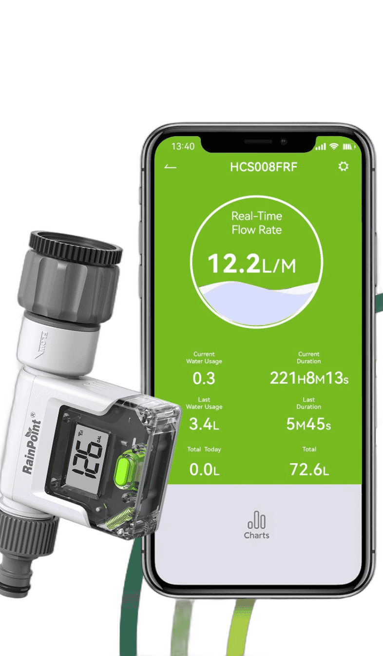 RainPoint smart flow meter showing 12.2 L per minute in the app