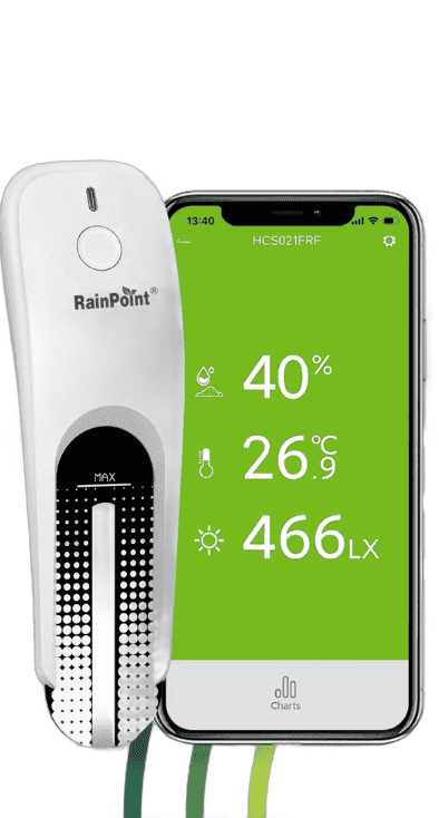 RainPoint soil moisture sensor showing 40% moisture and 26.9°C in the app